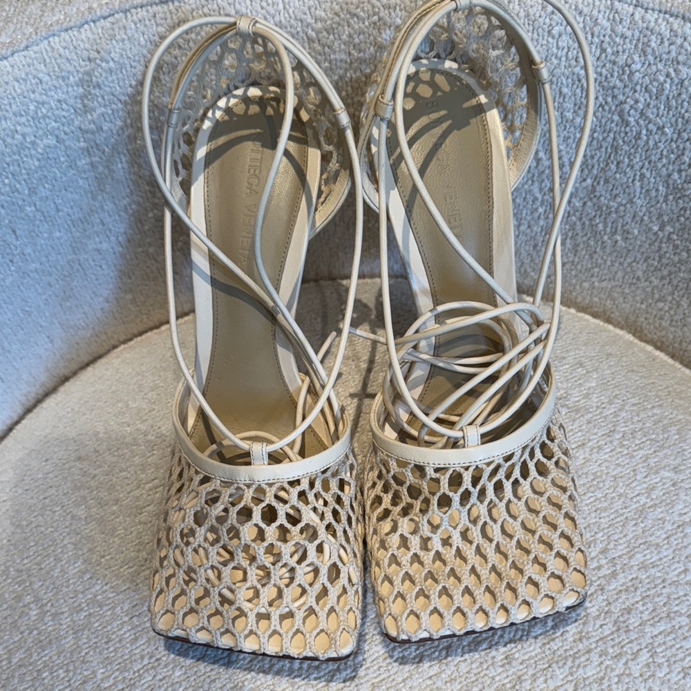 Bottega Veneta Cream Mesh Lace-Up Heels